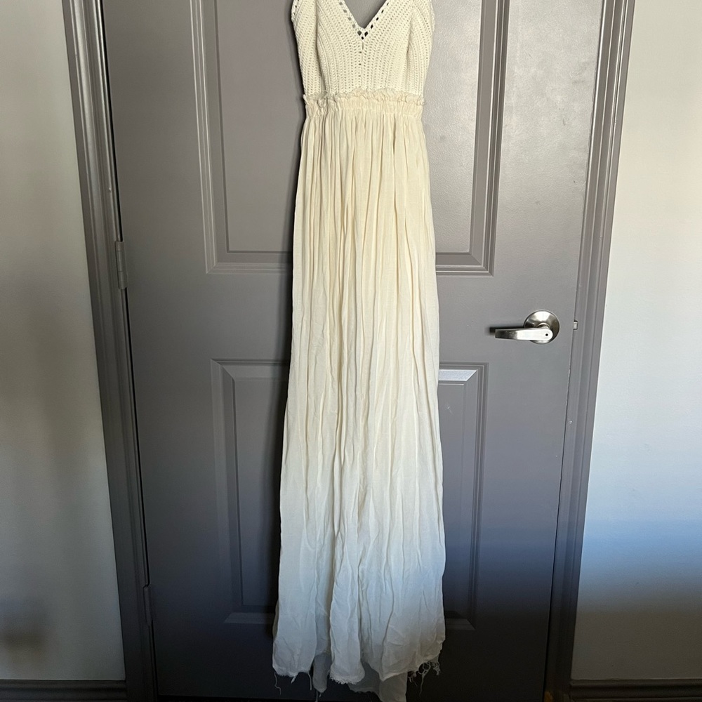 Off white  fringe backless/spaghetti strap maxi - adjustable straps